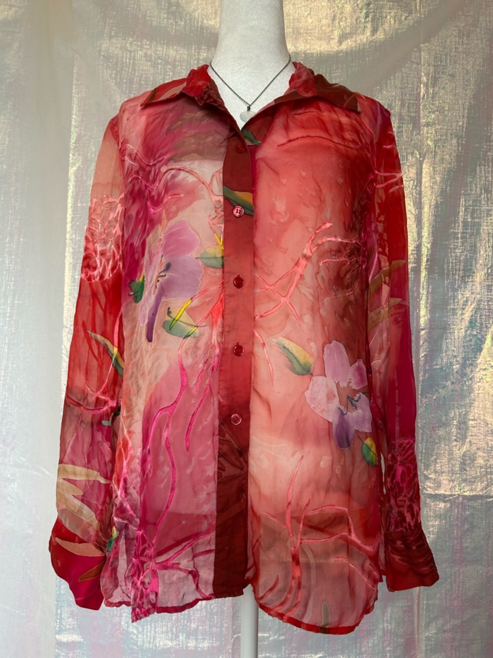 Chico's Design Sheer Red Floral Button-Up Shirt. 75% Silk Blend. Size :1.